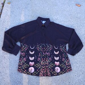 Cora Moon Astrology Button Down 2XL Lunar Floral Celestial Shirt Witchy Mystic